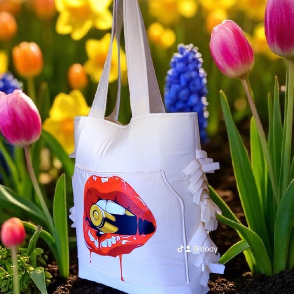 Trendy White Tote Bag with Artistic Lip Design - Picture 1 of 5